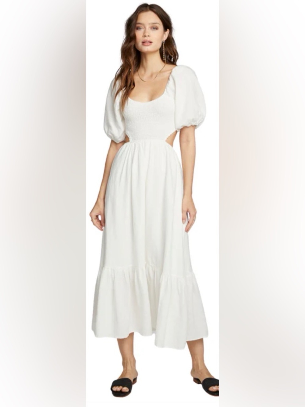 Saltwater Luxe Caralee Midi Dress White Puff Sleeve Cutout S NWT